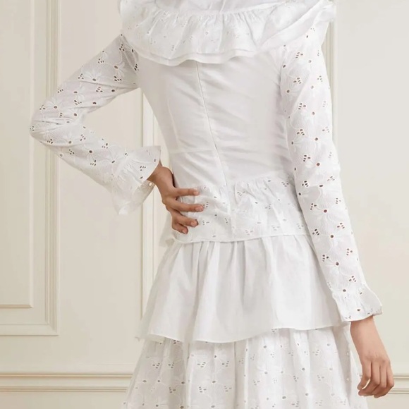 Batsheva White Ruffled Tiered Long Cotton Dress with Black Bow Medium US 6 - Picture 7 of 7